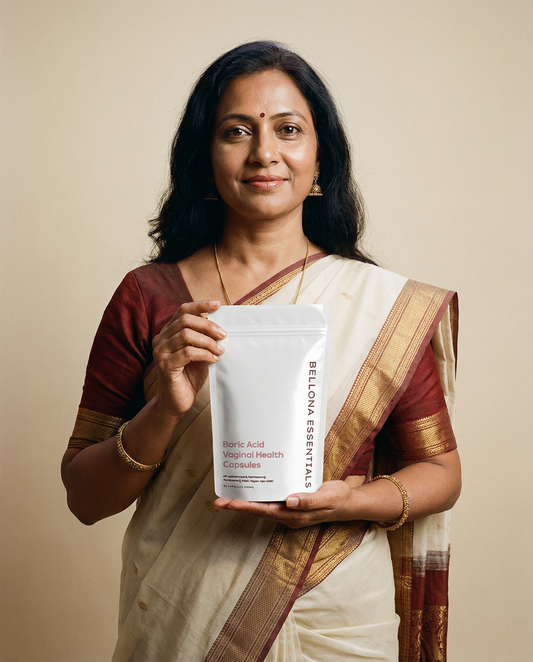 Ayurvedische vrouw met Bellona Essentials boorzuur capsules, blog over natuurlijk herstel bij vaginale klachten