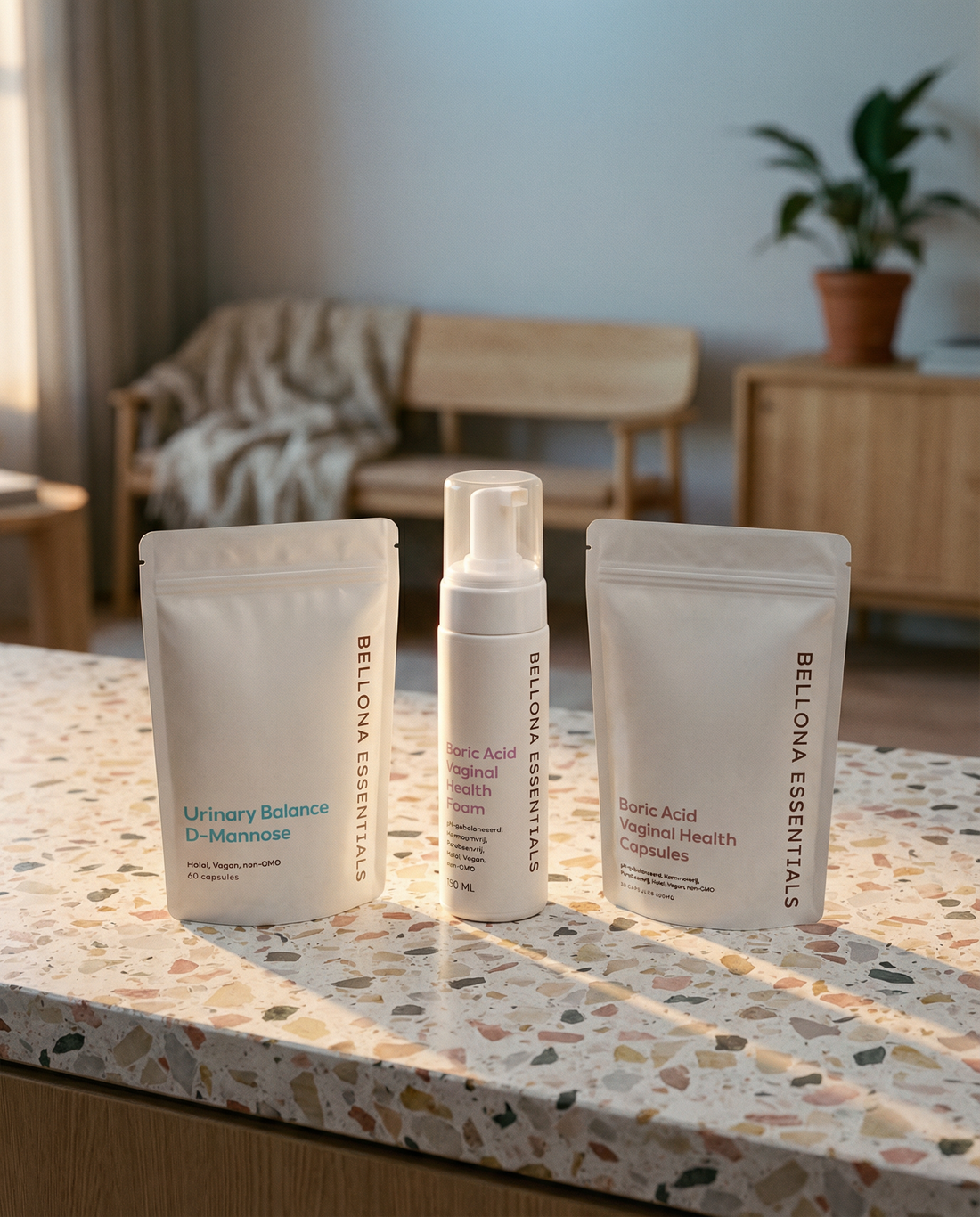Bellona Essentials boorzuur foam en capsules verpakking voor vaginale gezondheid